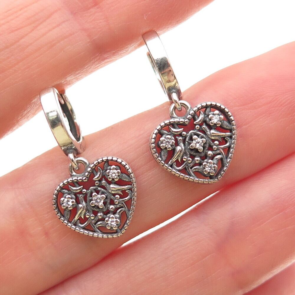 925 Sterling Silver Round-Cut C Z Heart Dangle Charm Hoop Earrings
